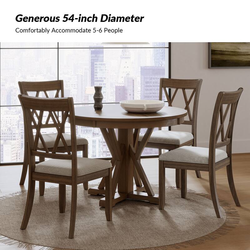 Felicia Farmhouse Natural Solid Wood Round Cross-buck Base Dining Table for 4 by HULALA HOME