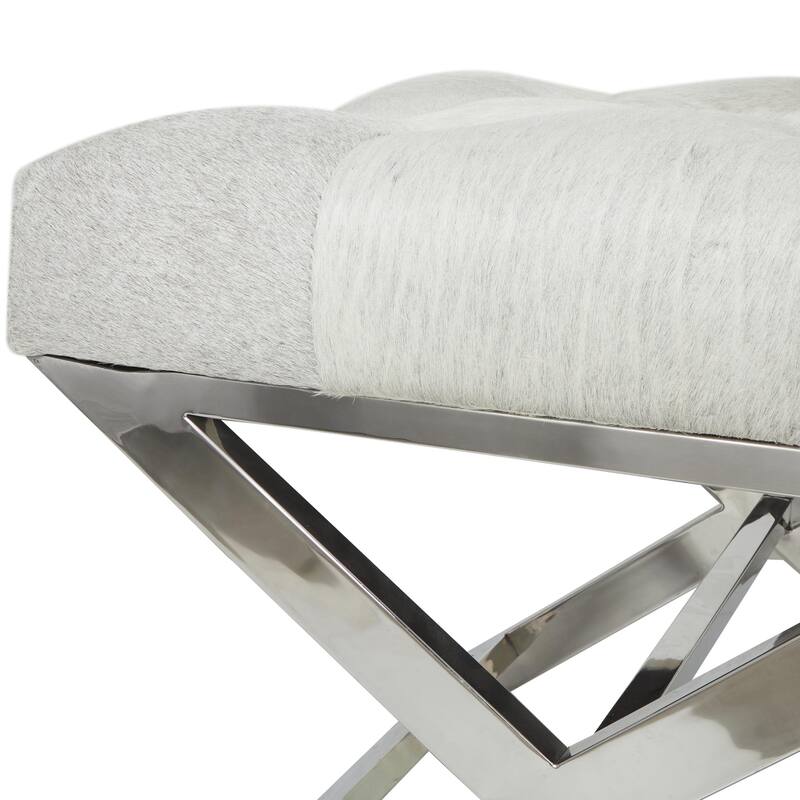 Leather Upholstered Tufted Home Bench with Silver Diagonal Base - Grey - Roche River Decor