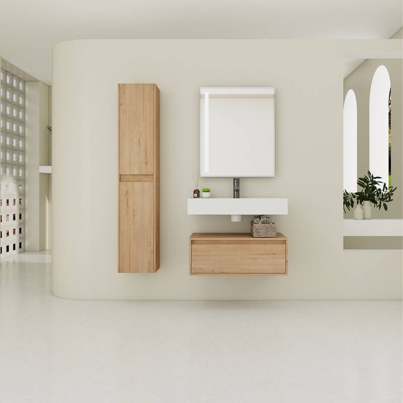 30" Wall-Mounted Bathroom Vanity with Resin Sink, Soft-Close Drawer & Adjustable Side Cabinets, Easy Assembly - 29.5 in W Plywood - Imitative Oak