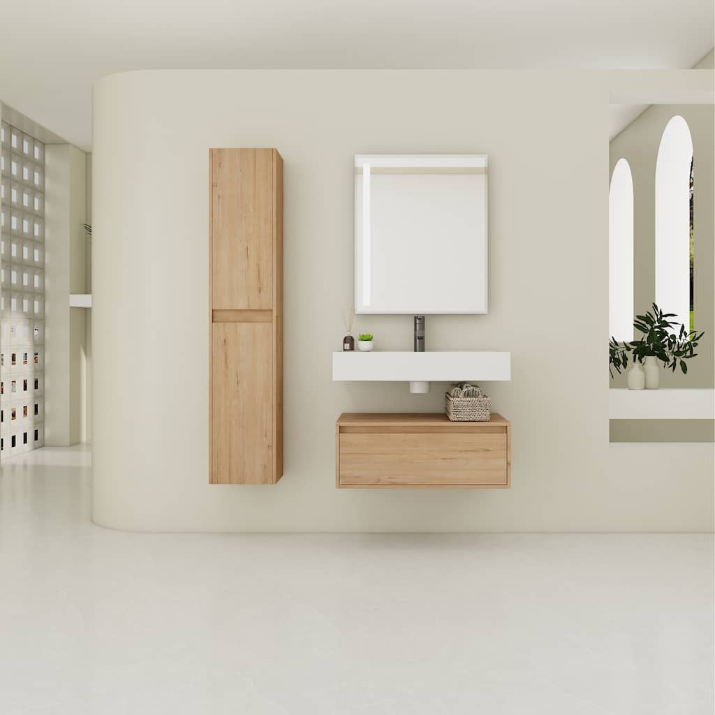30" Wall-Mounted Bathroom Vanity with Resin Sink, Soft-Close Drawer & Adjustable Side Cabinets, Easy Assembly