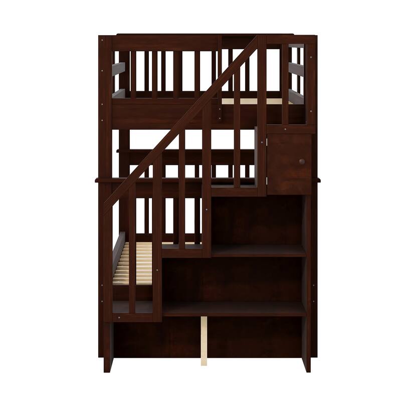 Space-Saving Twin Bunk Bed with Staircase Storage and Safety Guardrails, Gray