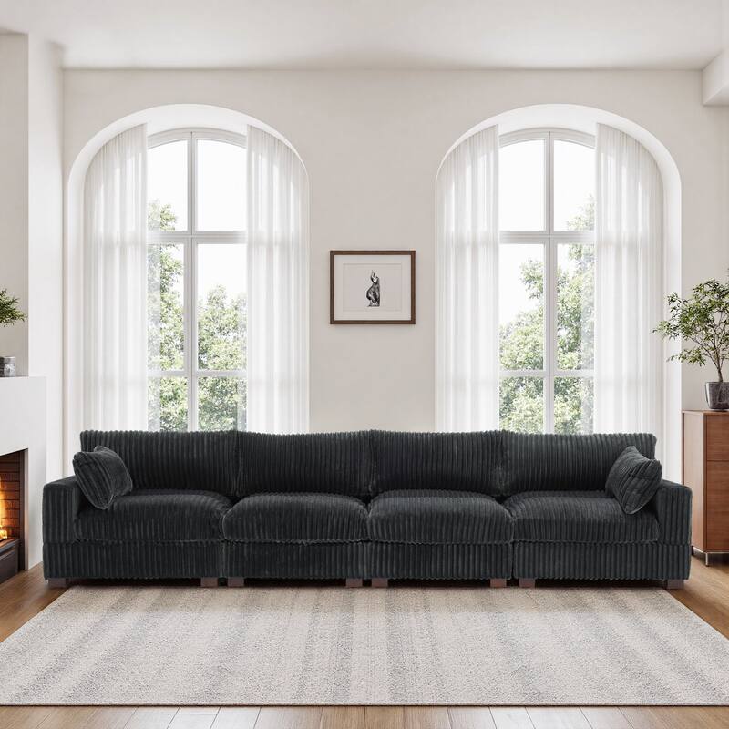 Plush Corduroy Upholstered Modular Sectional Sofa with Pillows