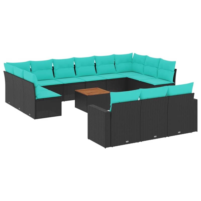 vidaXL 14 Piece Patio Sofa Set with Cushions Black Poly Rattan - 24.4 x 24.4 x 27.2 (W x D x H)