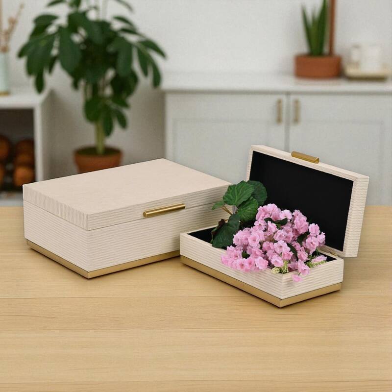 Eira Set of 2 Rectangular Decorative Storage Boxes - Retro Stripe Pattern with Gold Hardware - Cream