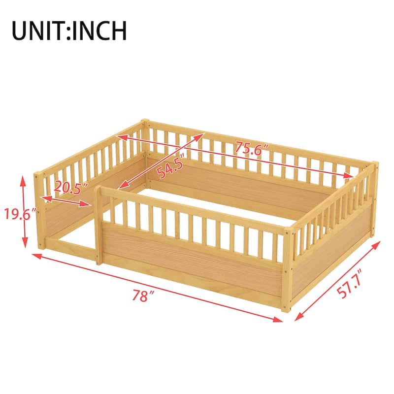 Full Size Wooden Children's Floor Bed with Safety Fence for Bedroom or Playroom