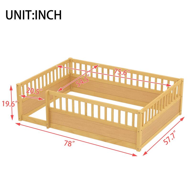 Roomfitters Wooden Full Floor Bed Frame with Fence, Montessori Low Platform Design for Bedroom or Playroom