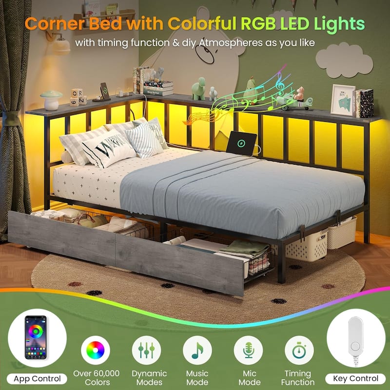 Corner Bed Frame 2 Storage Drawers Daybed Charging Station LED Lights
