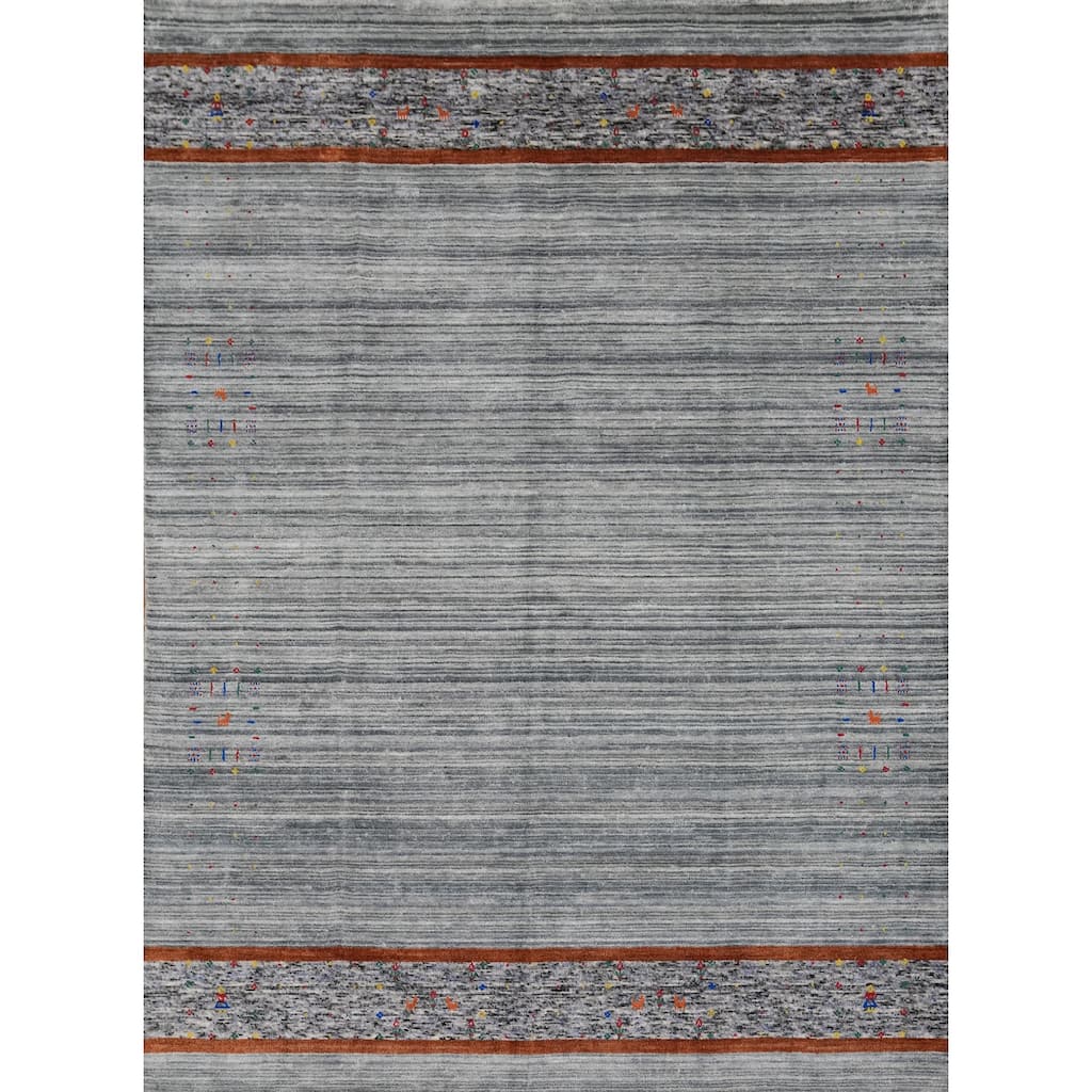 Hand Knotted Oriental Viscose Silk Carpet Tribal Tribal Greys & Charcoal Gabbeh Area Rug - 10' 0'' X 7' 8''