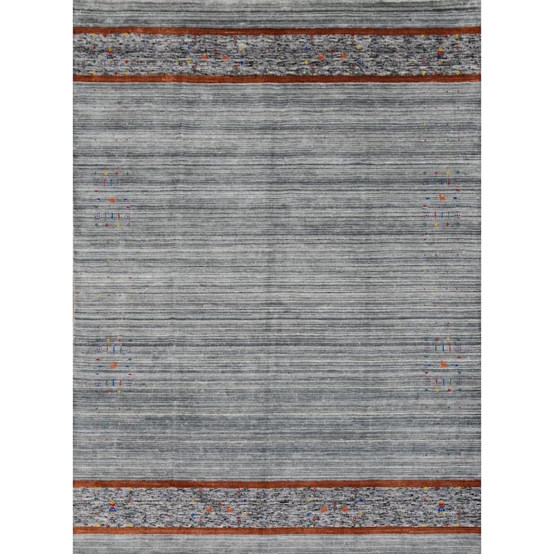 Hand Knotted Oriental Viscose Silk Carpet Tribal Tribal Greys & Charcoal Gabbeh Area Rug - 10' 0'' X 7' 8''