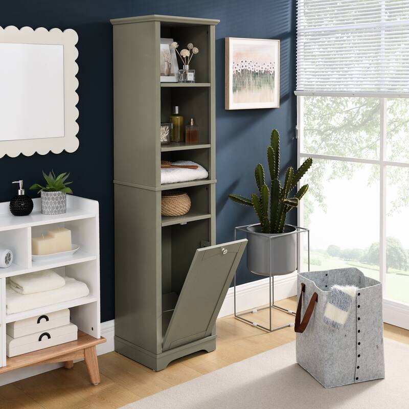 64" Tall Bathroom Floor Standing Storage Cabine with 4 Adjustable Shelves & Laundry Hamper Storage - Grey