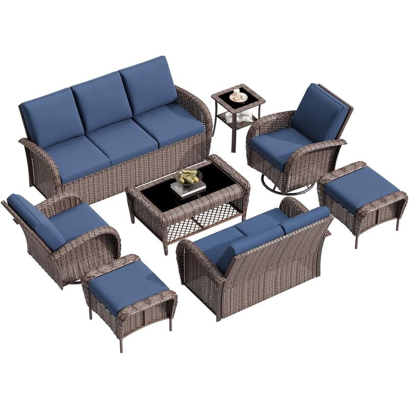EROMMY Outdoor Wicker Patio Set with Swivel Chairs, Sofa, Ottomans and Tables, All-Weather Conversation Furniture for backyard.