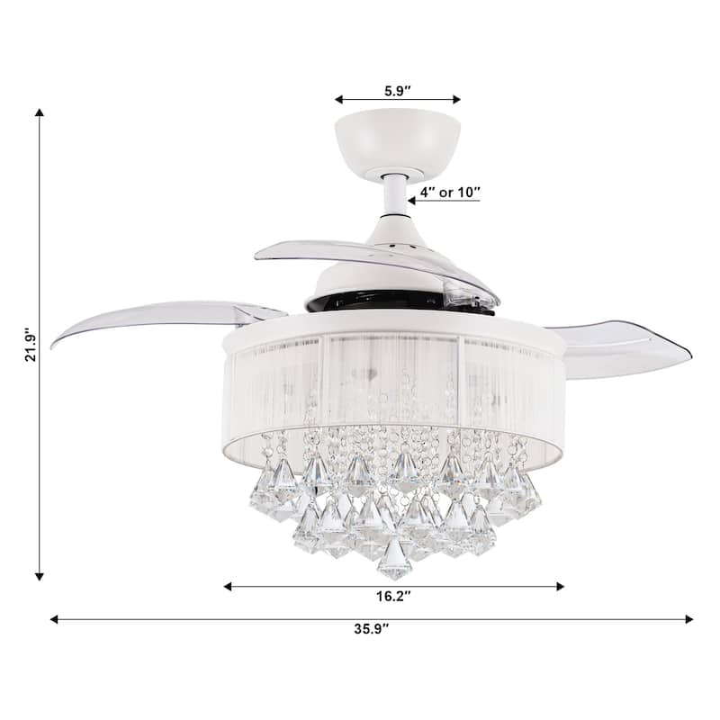 36" Modern White Crystal Retractable Ceiling Fan with Light Kit and Remote - 36" W x 36" D x 22" H
