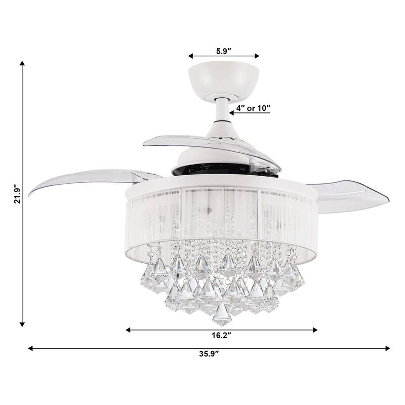36 in. Modern White Crystal Retractable Ceiling Fan with Light Kit and Remote - 36" W x 36" D x 22" H