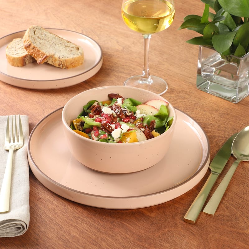 Gibson Elite Northrock Stoneware Dinnerware Set, 16-Piece Service for 4 - Plates & Bowls with Hand-Painted Terracotta Base