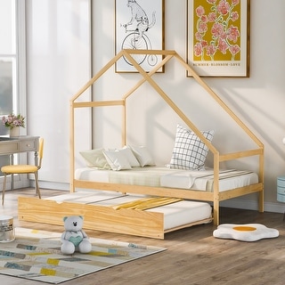 Natural Solid Pine Wood House Bed with Twin Size Trundle - Maximized Space and Comfort