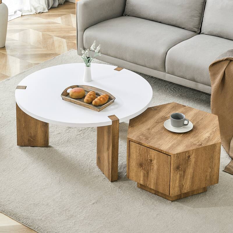 2-Piece Exquisite Coffee Table Set, Lncludes Round Coffee Table and Hexagonal Tea Table with Storage for Living Room