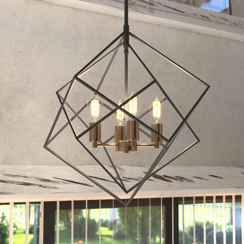 Rad 4 Light Mid-Century Modern Geometric Cage Bulb Pendant - Black and Natural Brass - 23.5-in W x 30-in H x 23.5-in D