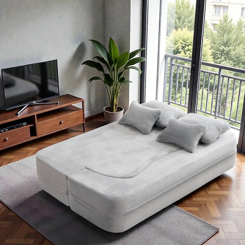 Queen Size Floor Sofa Futon with 4 Pillows, Modern Folding Mattress Couch, Plush Fabric No Assembly