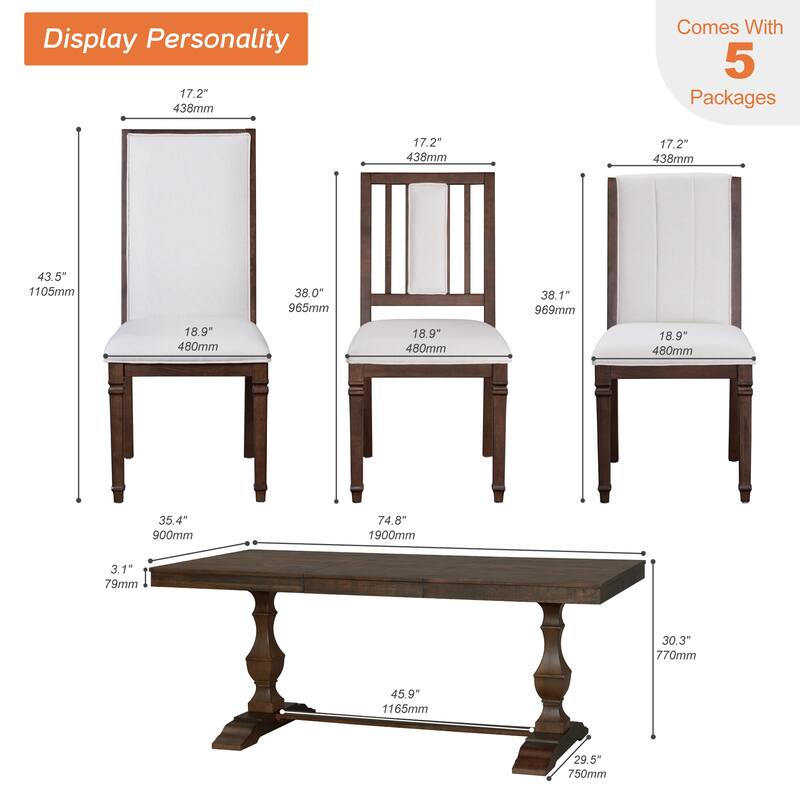 7-pieces Farmhouse Dining Table Set for 6, 74.8" Kitchen Table with Chairs, Solid Wood Legs and Upholstered Back