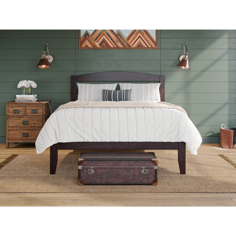 Full Platform Bed - Solid Wood, Espresso Finish - Minimalist Design with Headboard & Charging Station