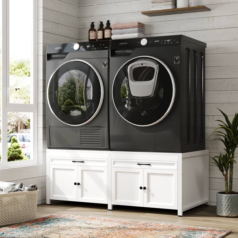 Versatile White Washer Cabinet & Bathroom Cabinet：Spacious Countertop and Storage