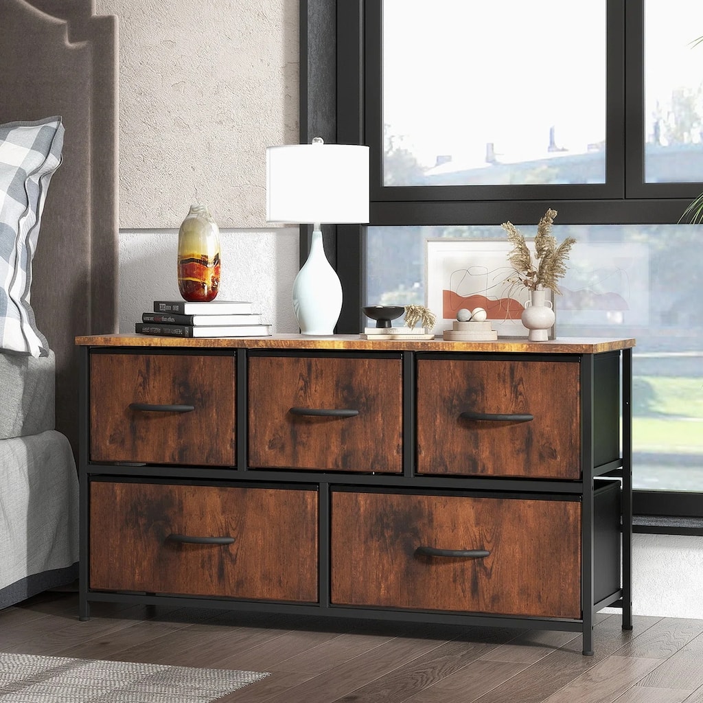 Dresser for Bedroom with 5 Fabric Drawers, Tall Chest Organizer Units for Clothing, Closet, Kidsroom, Storage Tower with Cabinet