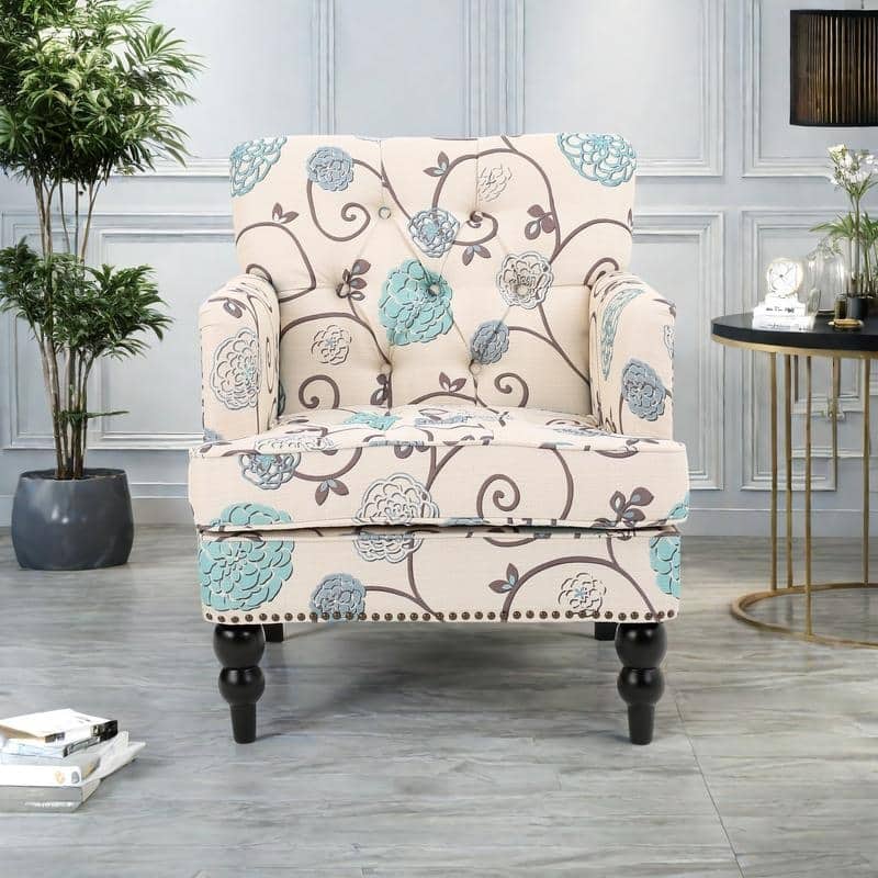 Floral Fabric Club Chair with Tufted Back and Nailhead Trim and Birch Wood Legs - White+Blue