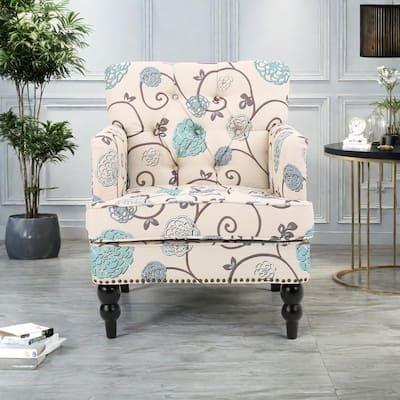 Floral Fabric Club Chair with Tufted Back and Nailhead Trim and Birch Wood Legs
