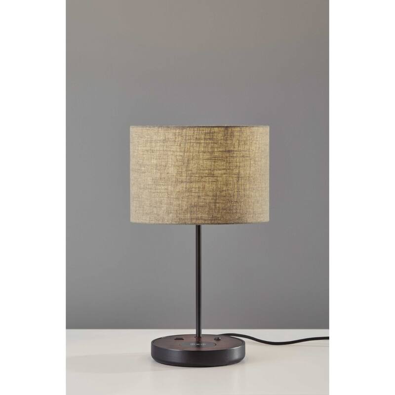 Black Metal Steel Base Table Lamp with Natural Fabric Drum Shade, USB and Wireless Charging - 11.5” x 11” x 19.5” (D x W x H)