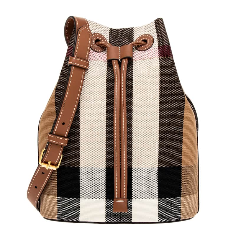 Burberry Small Canvas Bucket Bag - Beige, White and Black Check and Brown