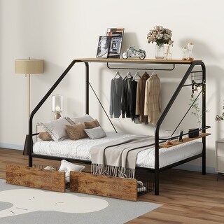 Metal Full Size Platform Bed with Storage Shelves & 2 Drawers, Sturdy ...