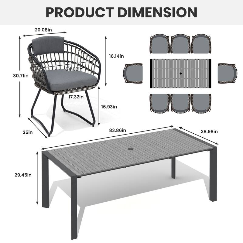 Outdoor Patio Dining Set Aluminum Table with Umbrella Hole with Rattan Chairs