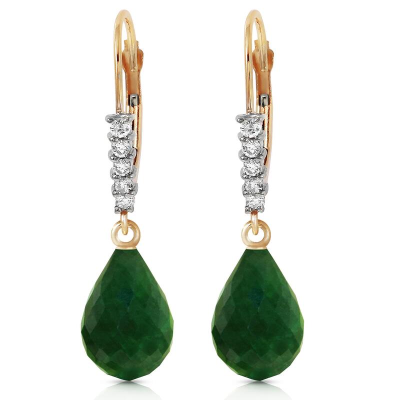 14K Solid Gold Leverback Earrings Natural Diamond & Emerald Certified