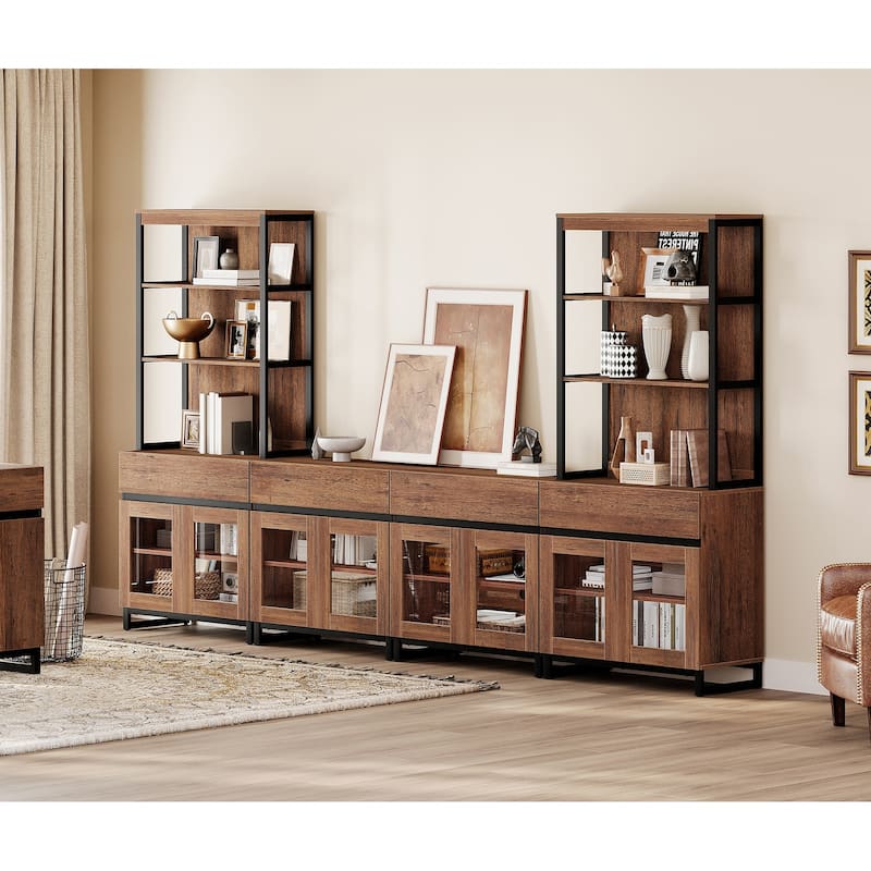 Modern 72" Tall Bookcase with 4 Drawers and Open Book Shelfs,Wood Freestanding Bookshelves for Living room,