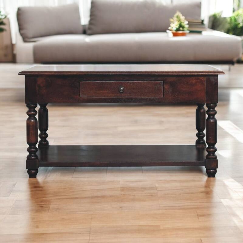 Artisan Furniture Solid Wood Turned Legs Cherry Console Table, Dark brown,1 Drawer,1 Storage area