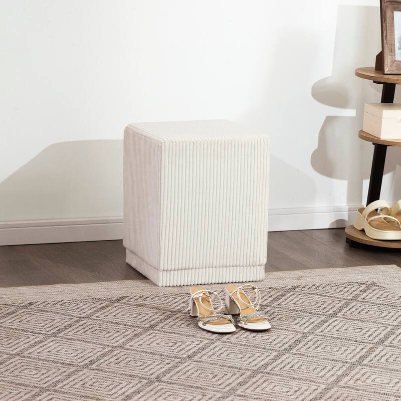 Adeco Ottoman Footrest Vanity Stool Gold Trim Footstool - Off-White-Corduroy