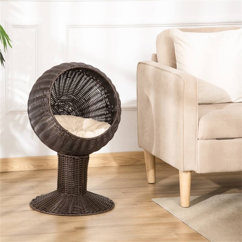 Elevated Kitty Hut with Rotating Plush Basket Cozy Hideaway for Small Cats Up to 10 lbs Coffee