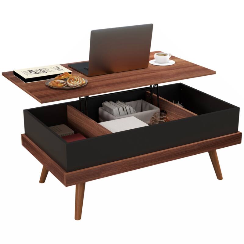 Lift Top Coffee Table, 39.25" Coffee Table with Hidden Compartments and Wood Legs, Walnut