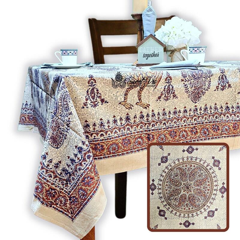 Peacock Paradise Paisley Floral Hand Block Print Cotton Tablecloth - 86 x 102 in.
