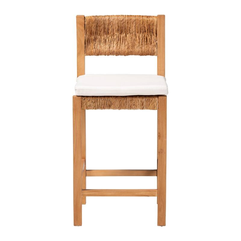 Pava Woven Seagrass Counter Stool - Solid Mahogany Wood Stool with Textured Back, Coastal Boho Seating for Kitchen Island