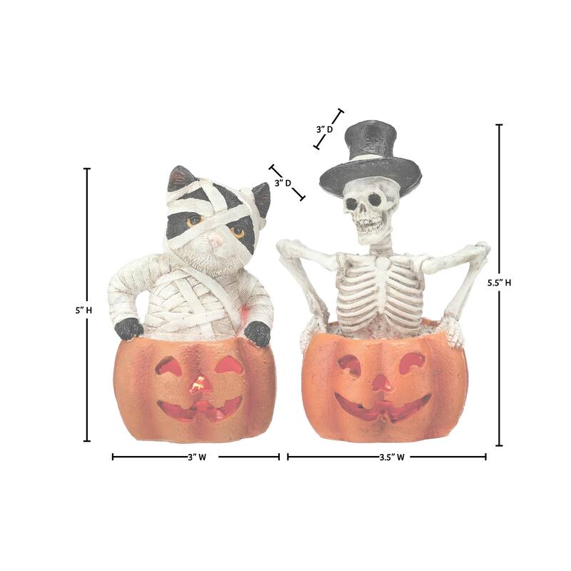 5.5" Resin LED Battery Operated Pumpkin With Skeleton Cat Set of 2