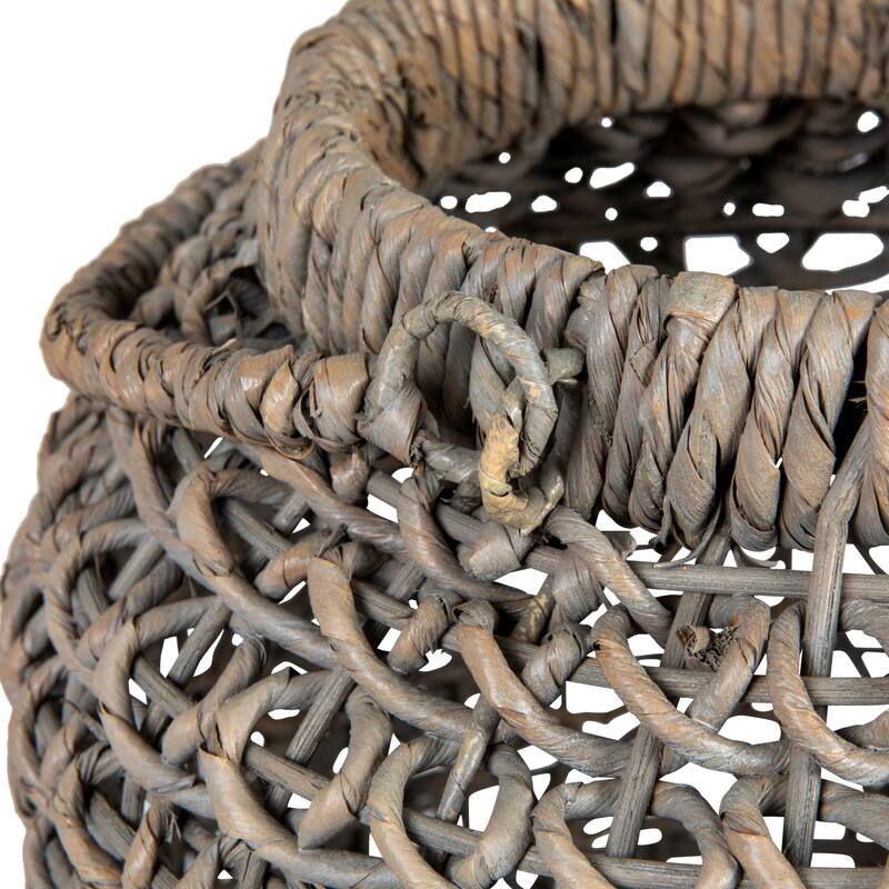 Whitewashed Woven Water Hyacinth Lantern with Glass Insert