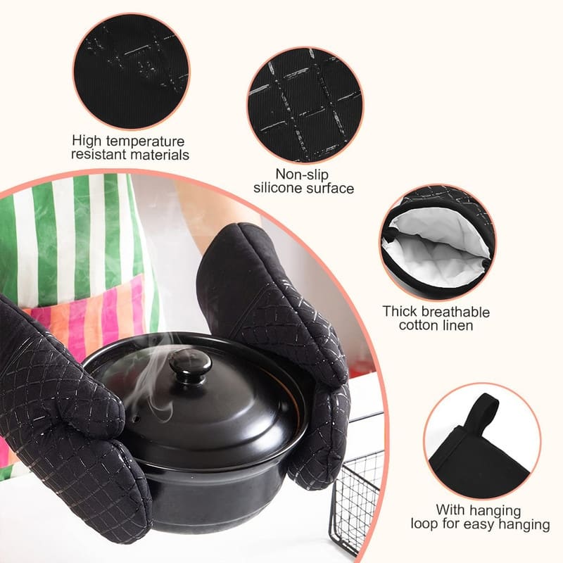 Heat Resistant BBQ Oven Mitts & Pan Rack Set Gloves for Baking, Cooking, Grilling