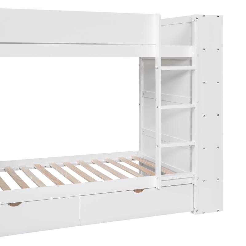 White Twin over Twin Bunk Bed with 2 Drawers & Multi-layer Cabinet, Space-Saving Kids Furniture