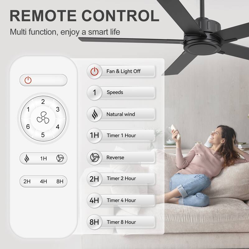 56-Inch Matte Black Ceiling Fan with Remote Control,DC Motor, 6-Speed Reversible Indoor Ceiling Fan with Dual-Finish Blades