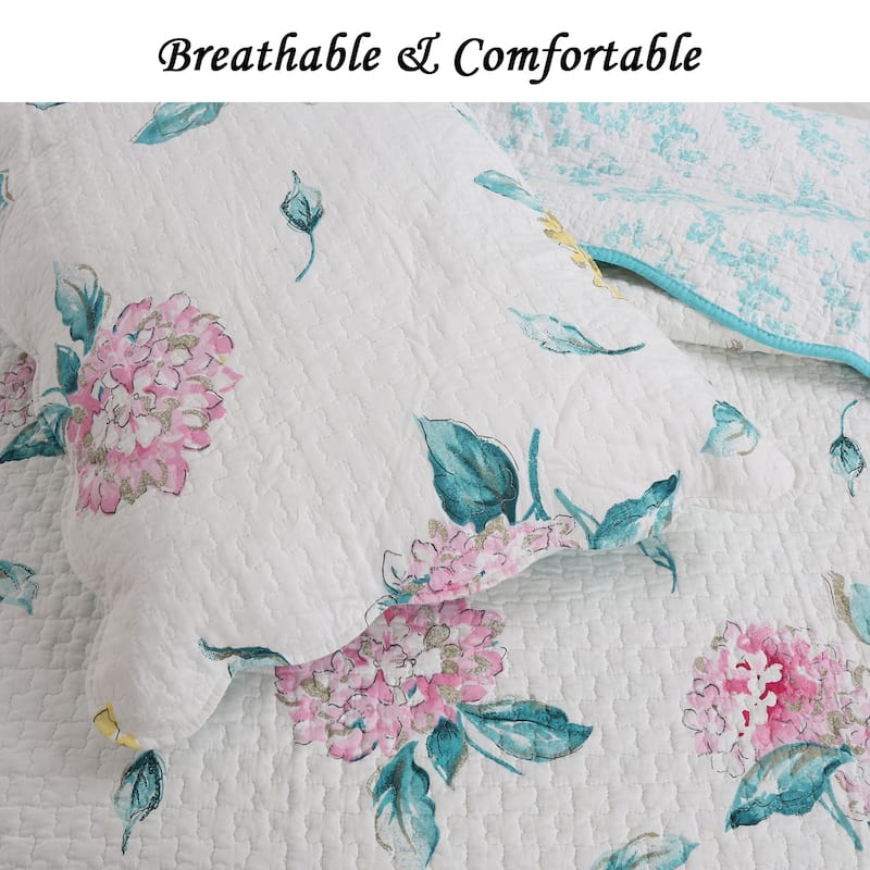 Cozy Line Lowe 3- piece Floral Reversible Cotton Quilt Bedding Set - Aqua/White/Pink/Yellow
