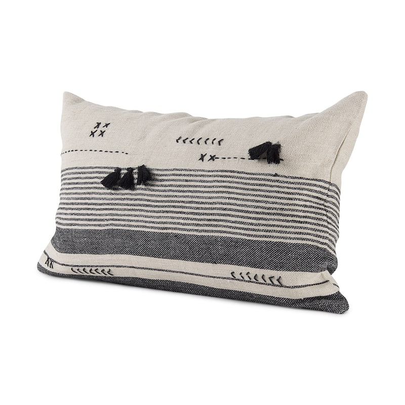 Thalia 13L x 21W Dark Gray and Cream Fabric Striped and Fringed Decorative Pillow Cover - Pillow Covers - 13.0L x 21.0W x 0.2H - Beige - Single