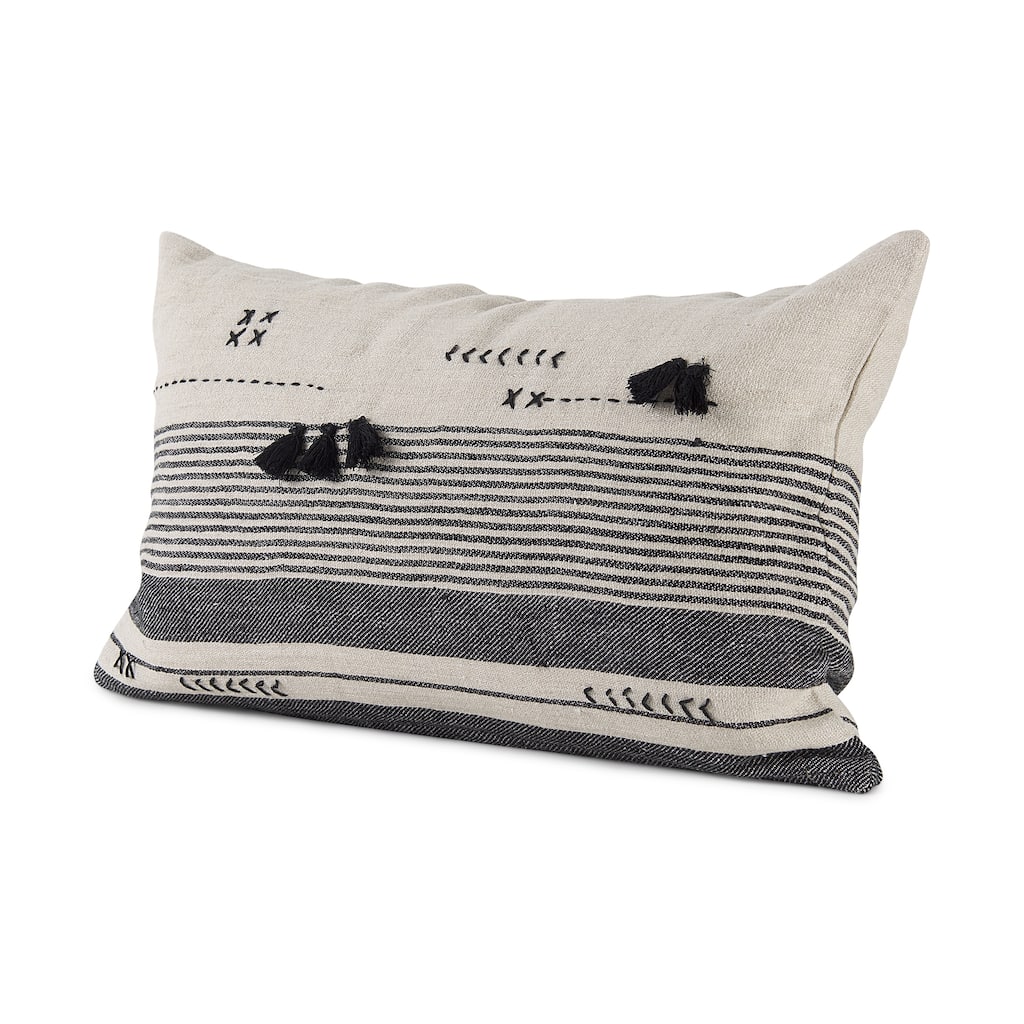 Thalia 13L x 21W Dark Gray and Cream Fabric Striped and Fringed Decorative Pillow Cover