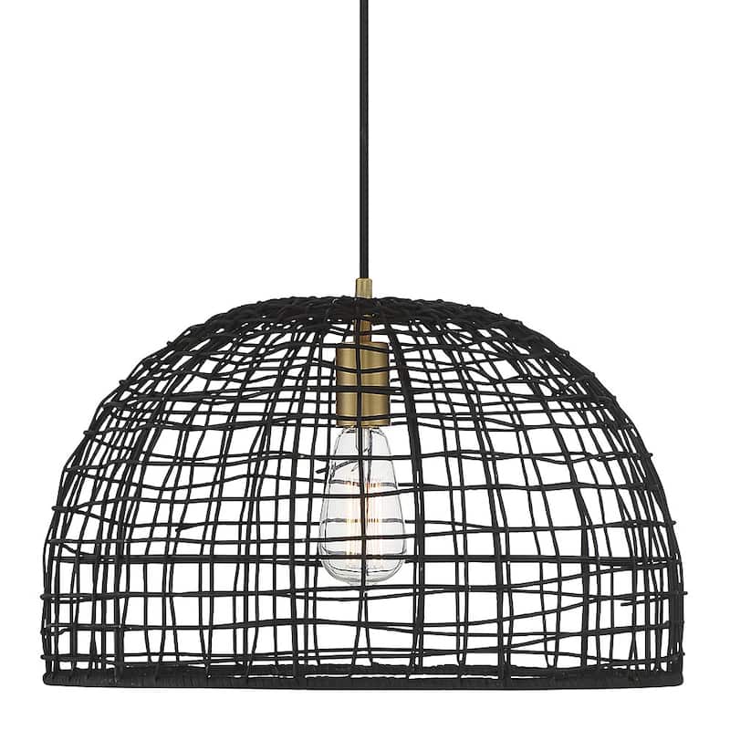 Meridian M70105 18" Wide Single Light Pendant with Rattan Shade - Black / Natural Brass
