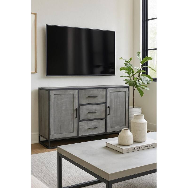 Grey Mango Wood Sideboard Cabinet With Black Iron - 60"